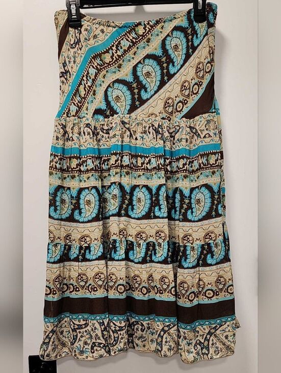 None Dresses & Skirts - Vintage Boho Paisley Tiered Circle Skirt in Turquoise and Cream